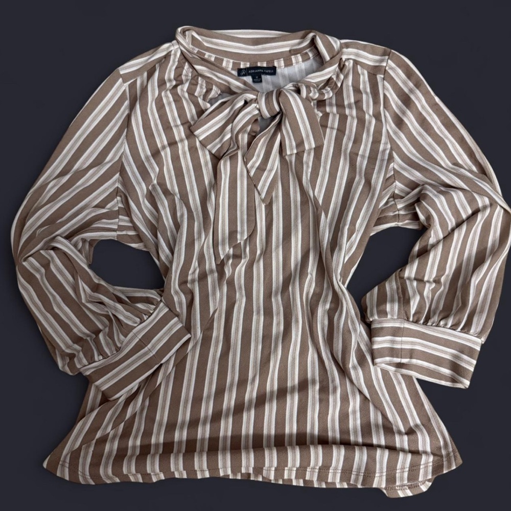 Adrianna Papell Tan and White Striped Blouse with Bow